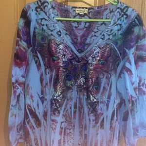 OneWorld Exter large beautiful tunic with butterfly and peacock feather print